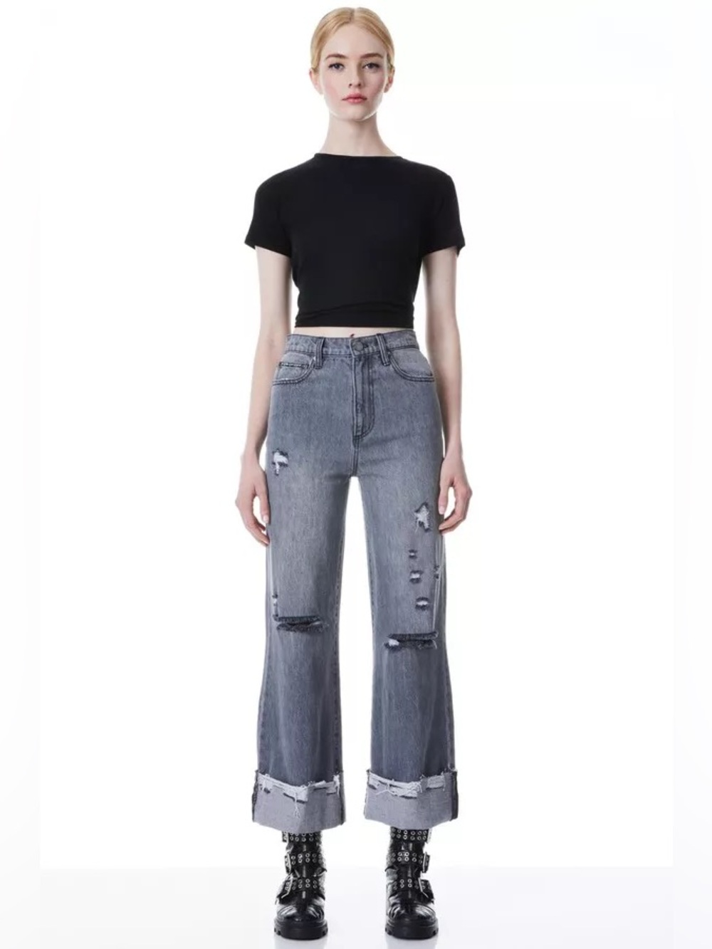 Alice & Olivia size 24 High-Rise boyfriend Distressed Wide-Leg Jeans - Gray
